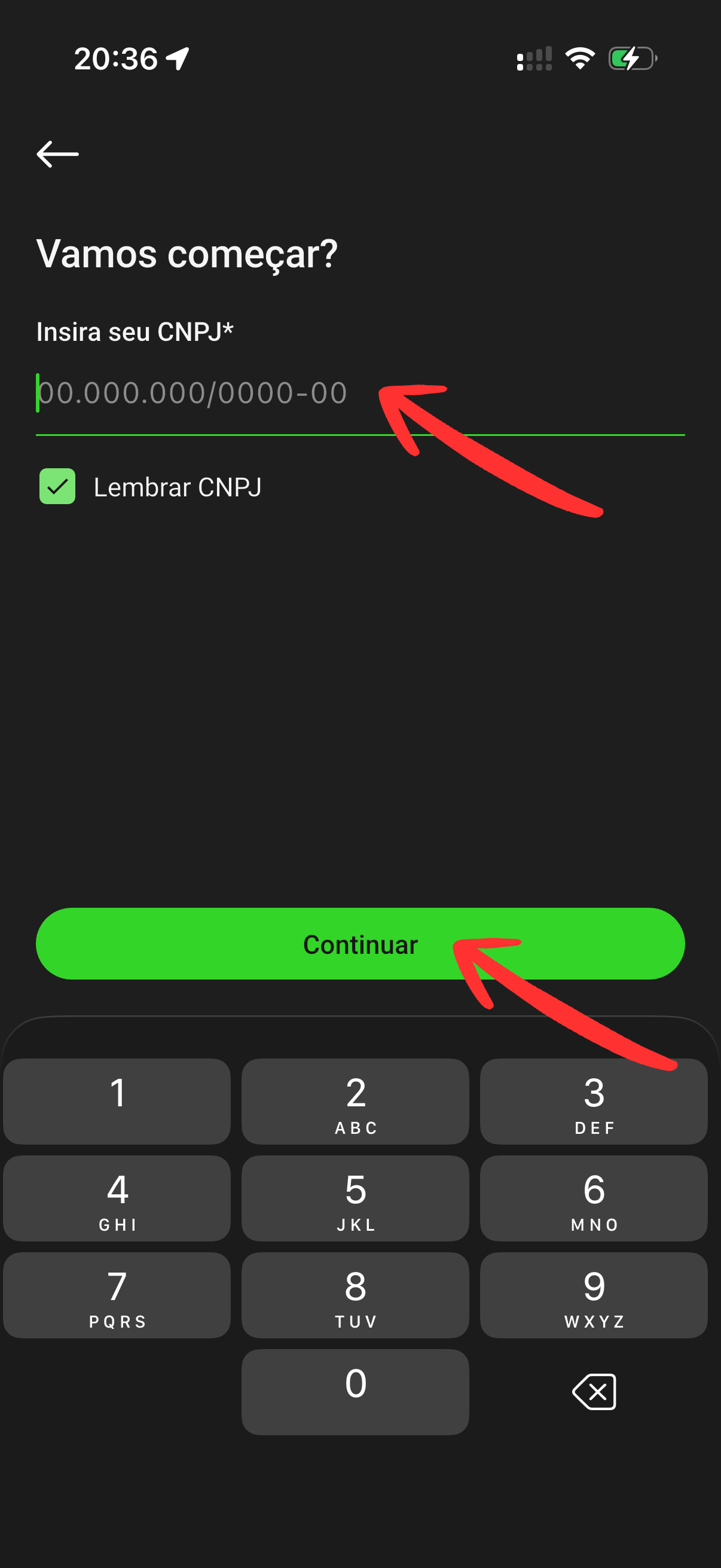 Tela de login com CNPJ