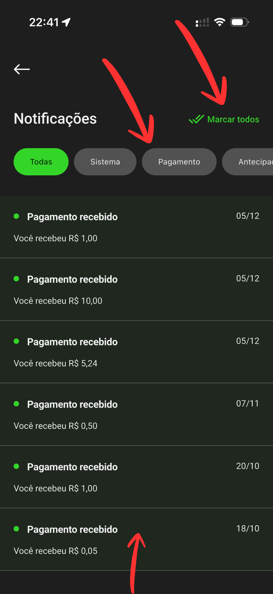 Tela de notificações