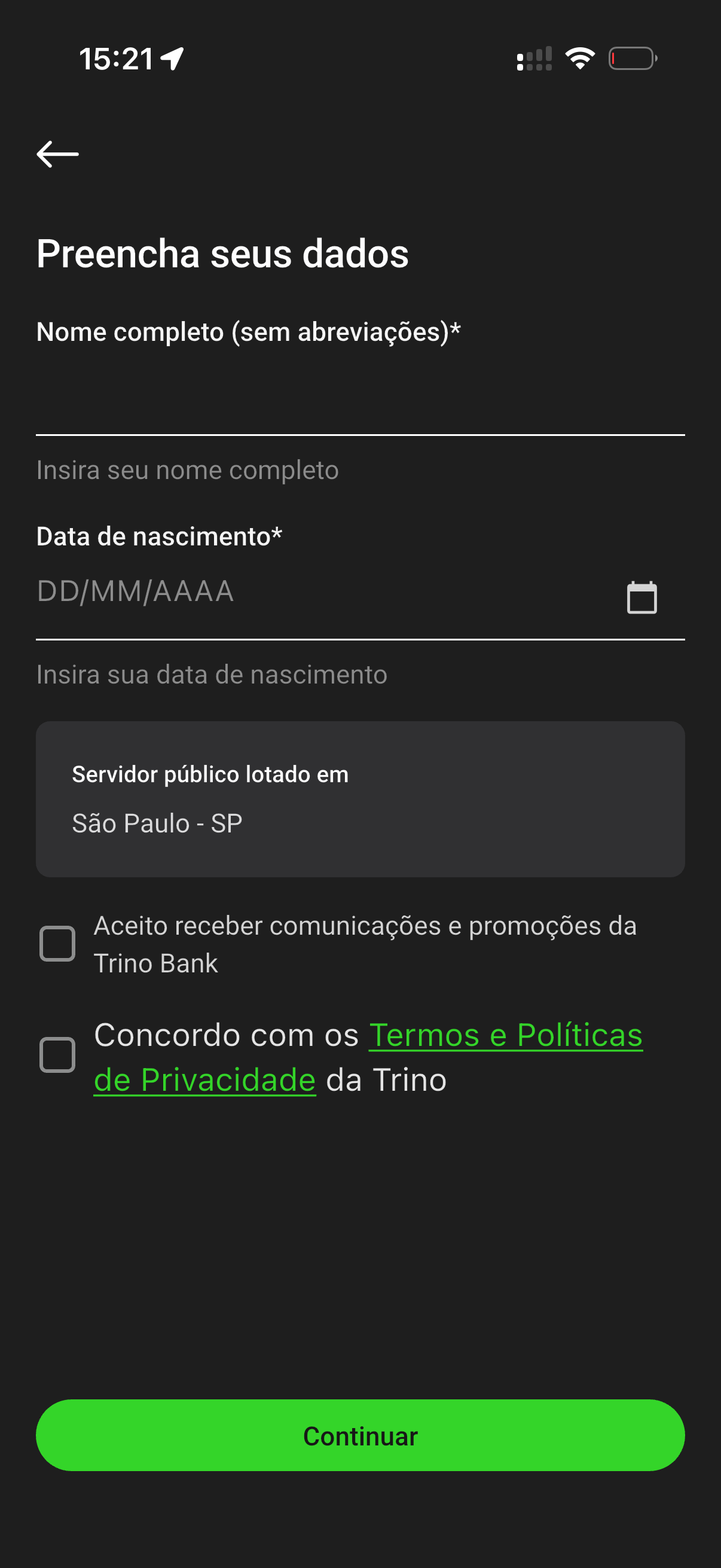 Dados pessoais e termos