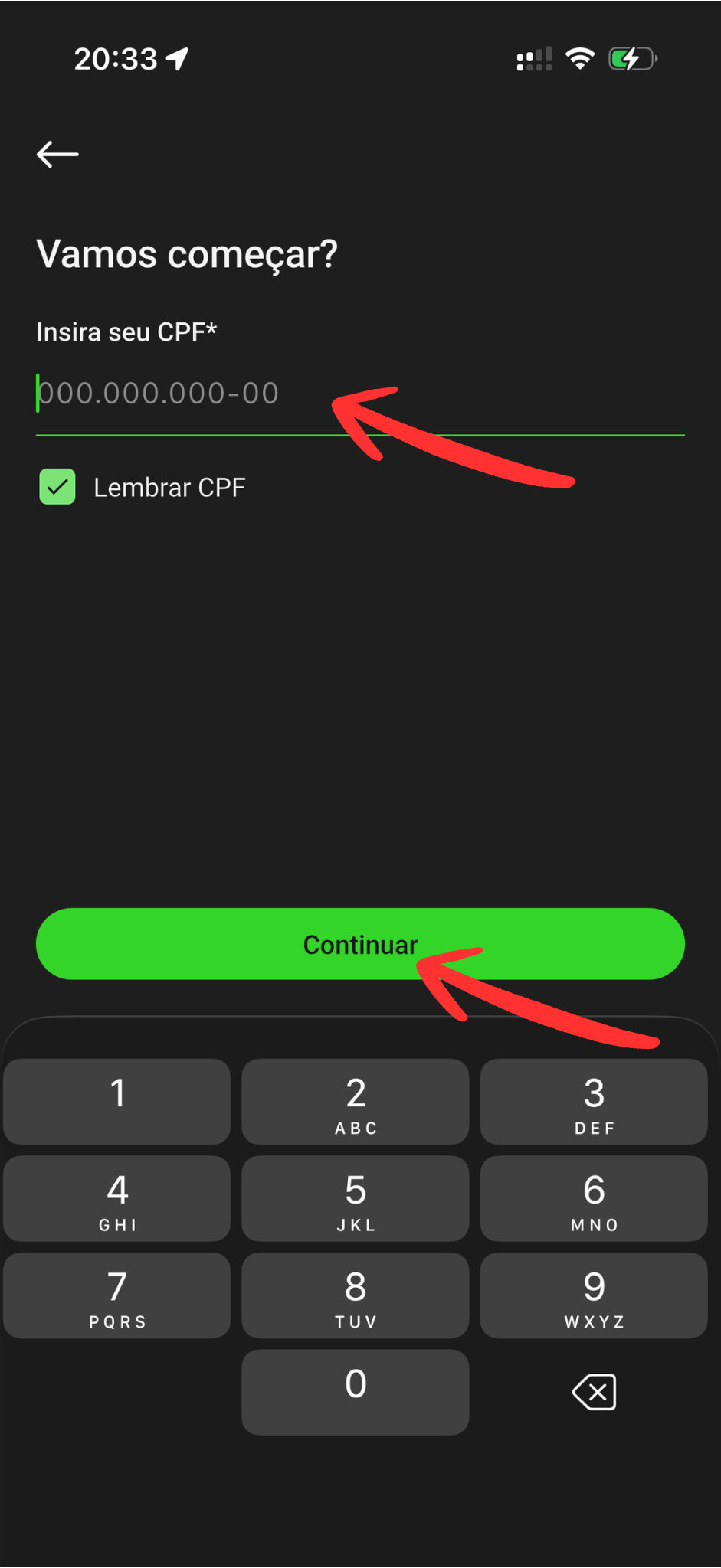 Tela de login com CPF